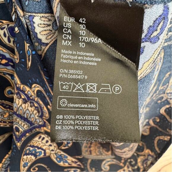 H&M Wms Blue Tan Paisley Shift Dress Size 10 Tie Knot Sleeve Knee Length Fall - Picture 7 of 9